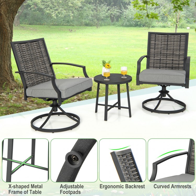 3 Piece Patio Swivel Chair Set with Soft Seat Cushions for Backyard