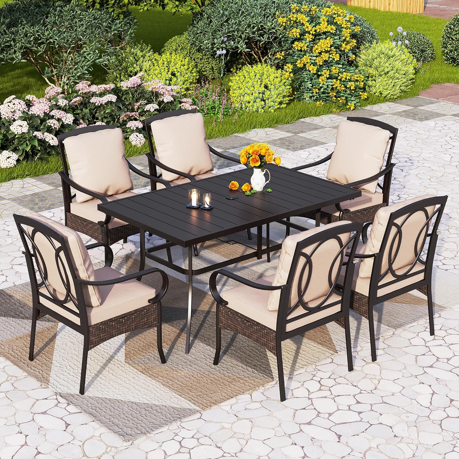 PHI VILLA 6-Piece Outdoor Dining Sets, All-Weather Patio Table and Chairs Set with Umbrella for 4, Heavy Duty Patio Round Table Set for Deck, 4 Extra Large Outdoor Swivel Chairs with Thick Cushions
