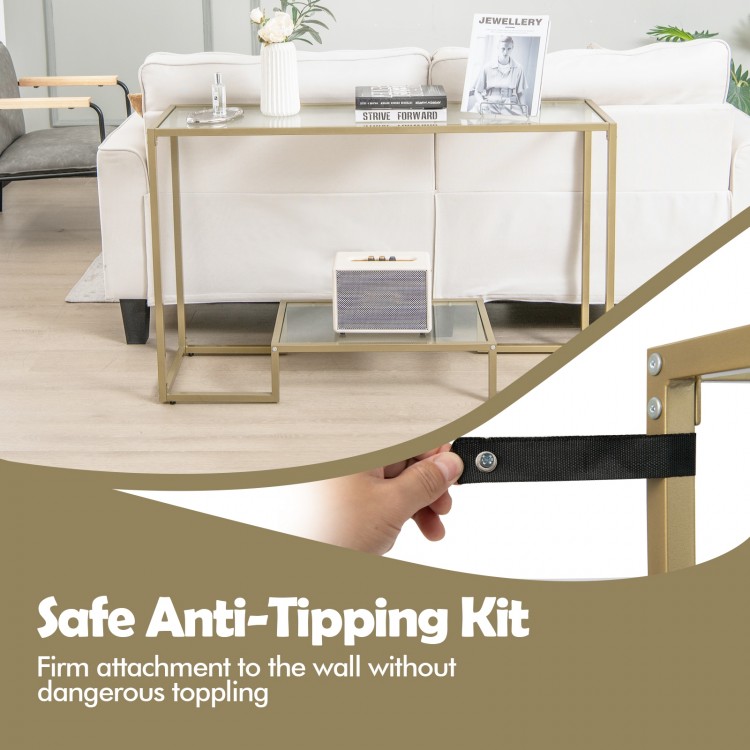 48 Inch 2-Tier Console Table with Tempered Glass Tabletop for Hallway