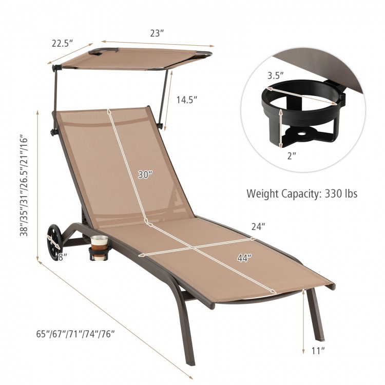 Patio Heavy-Duty Adjustable Chaise Lounge Chair with Canopy Cup holder and Wheels