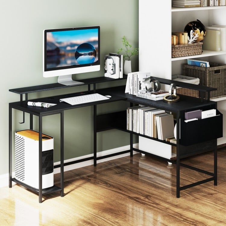 L-Shaped Gaming Desk with LED Lights and Power Outlets Home Office Computer Desk