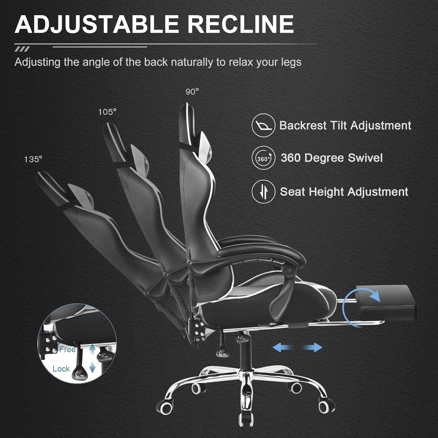GTPLAYER Gaming Chair, Computer Chair with Footrest and Lumbar Support, Height Adjustable Game Chair with 360  -Swivel Seat and Headrest and for Office or Gaming (White)