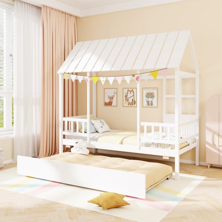 Twin Size House Bed with Trundle Kids Platform Bed with Roof Window