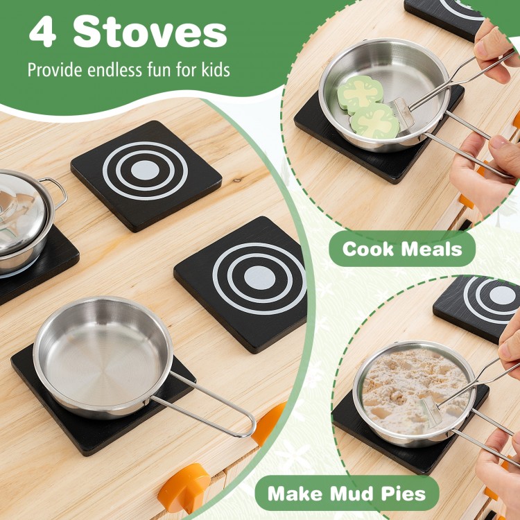 Mud Kitchen Fir Wood Play Kitchen with Canopy and Sink and 4 Stoves