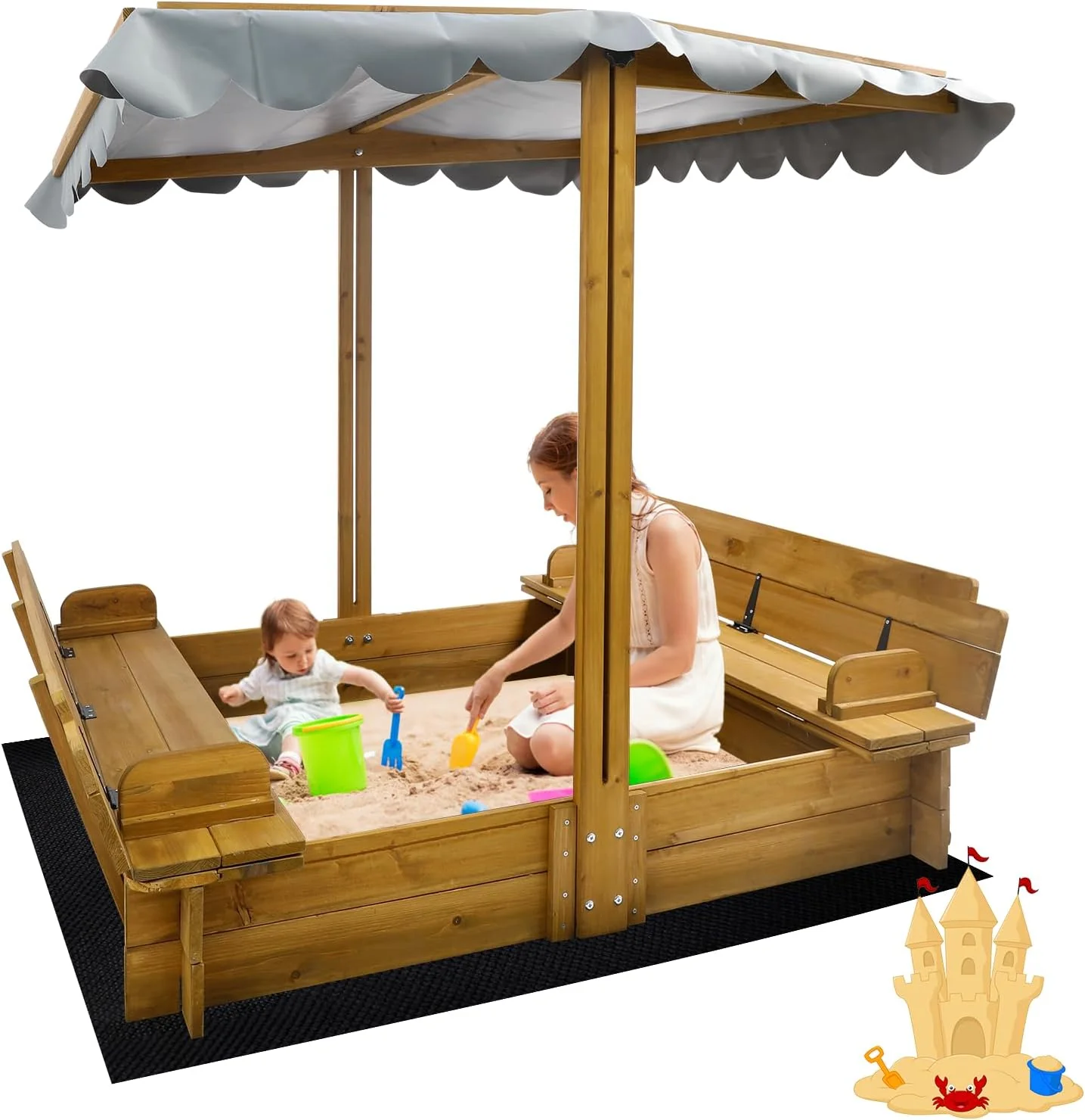 Kids Sandbox with Lid, Wooden Sand Box with Cover Outdoor, UV-Protection & Natural Wood, Foldable Bench Seat, Adjustable Canopy, Sand Box for Kids Ages 2-8（47x47in）