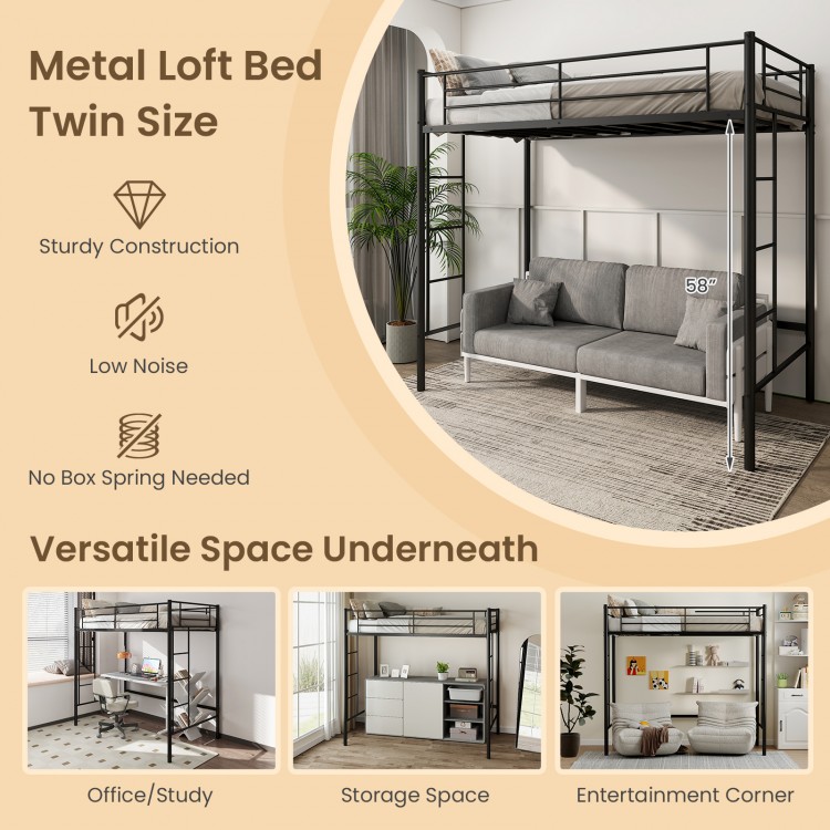 Twin Loft Bed Frame with 2 Ladders Full-length Guardrail