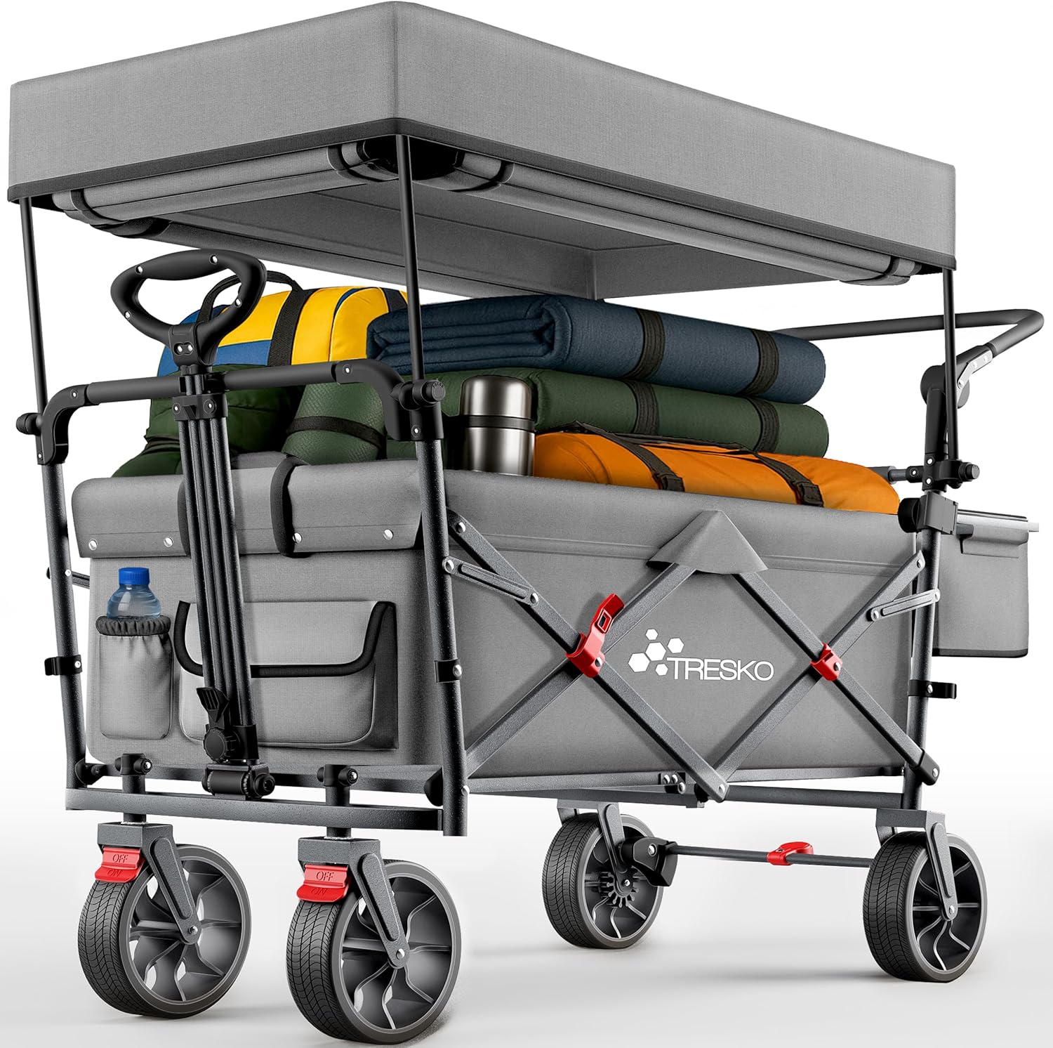 TRESKO® Rulervogn foldbar med tag, kølerum og sidepersienner | håndvogn maks. belastbar op til 150 kg | transportvogn med solide gummidæk & parkeringsbremser (for og bag) og 3-punkts rem (sort)