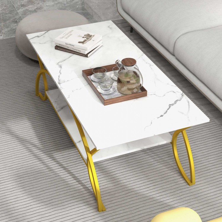 2-Tier Faux Marble Coffee Table with Marble Top and Metal Frame