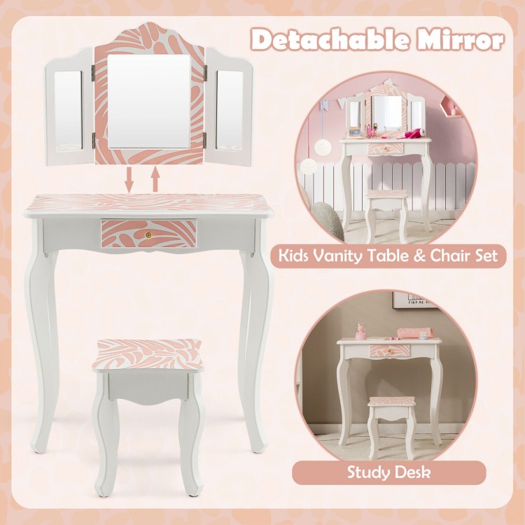 2-in-1 Kids Vanity Table Set with Tri-Folding Mirror