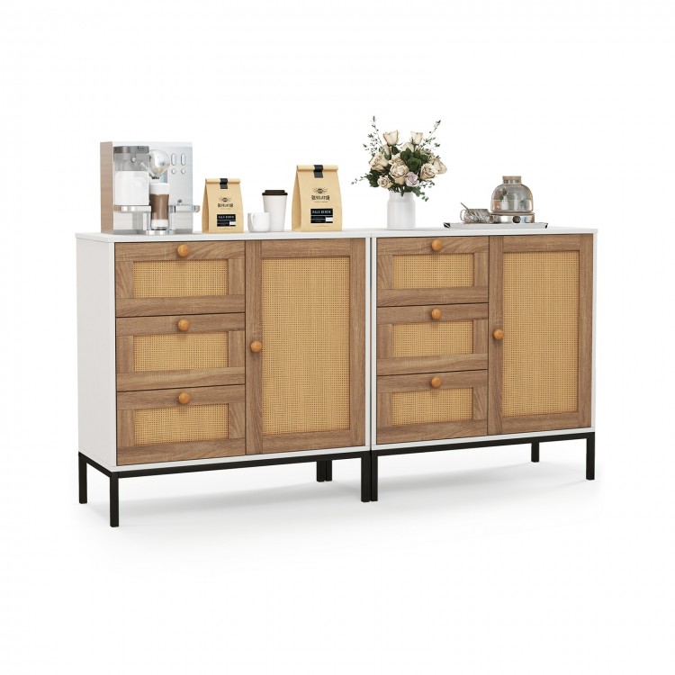 Rattan Sideboard Buffet Cabinet with 1 Door and 3 Drawers