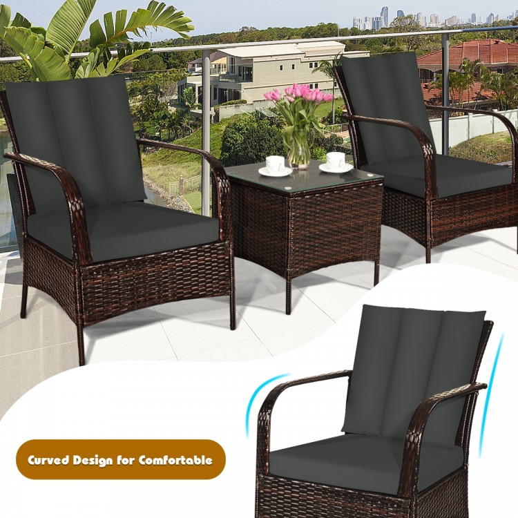3 Pieces Patio Rattan Conversation Set with Glass Top Coffee Table and Cushions