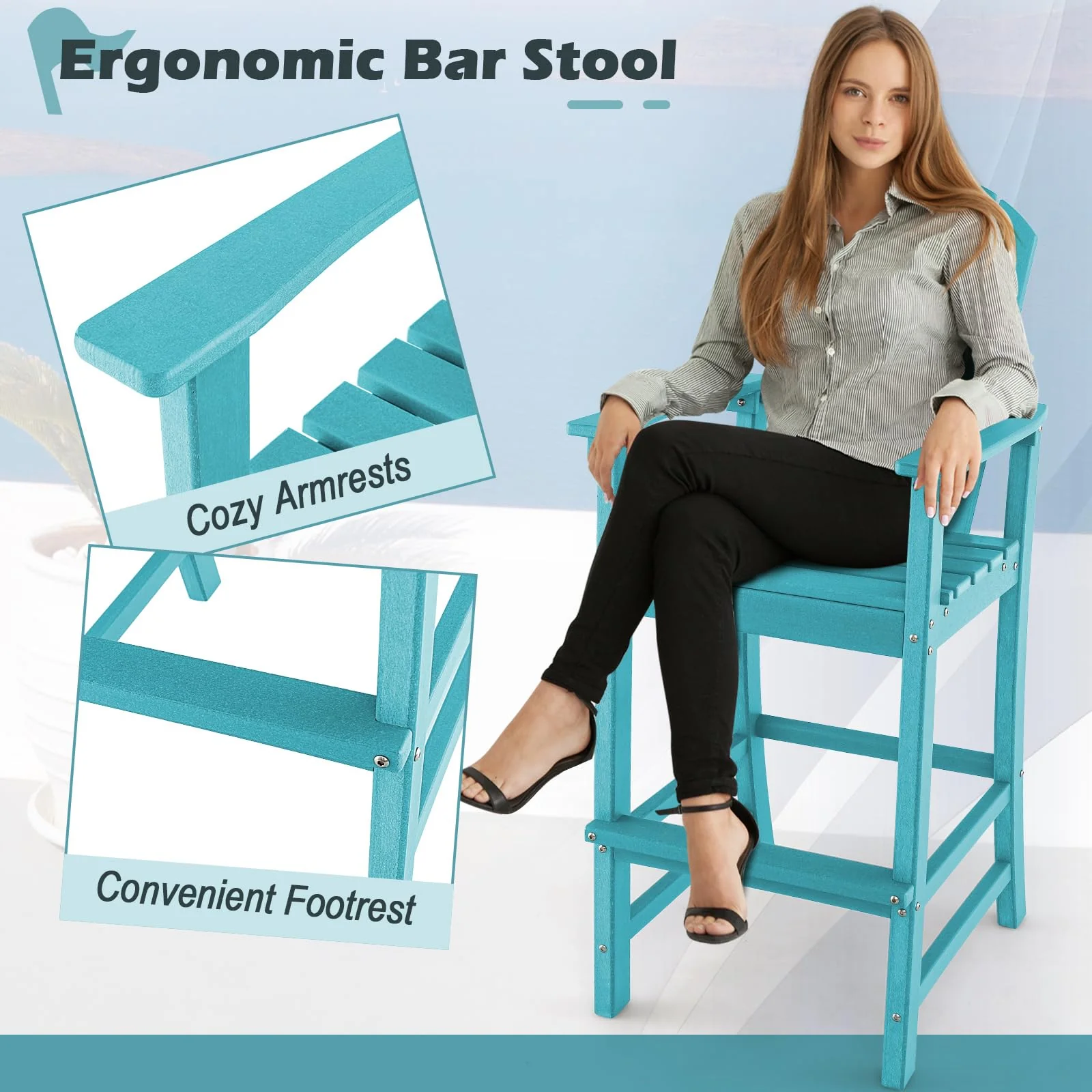 Outdoor HDPE Tall Adirondack Chairs with Armrests & Footrest, 30