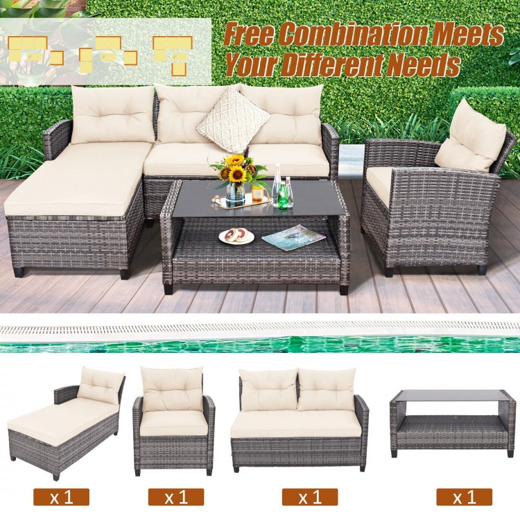 4 Pieces Patio Rattan Sofa Furniture Set with Cushion and 2-Tier Coffee Table