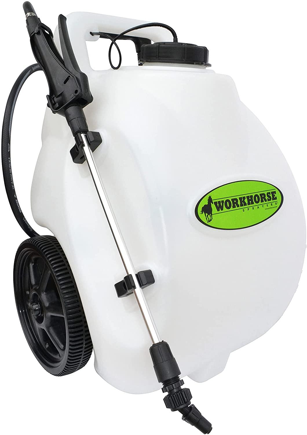 Workhorse Sprayers LG05SS Rechargeable 5-Gallon Portable Garden Sprayer with Wheels, Adjustable Nozzle, White