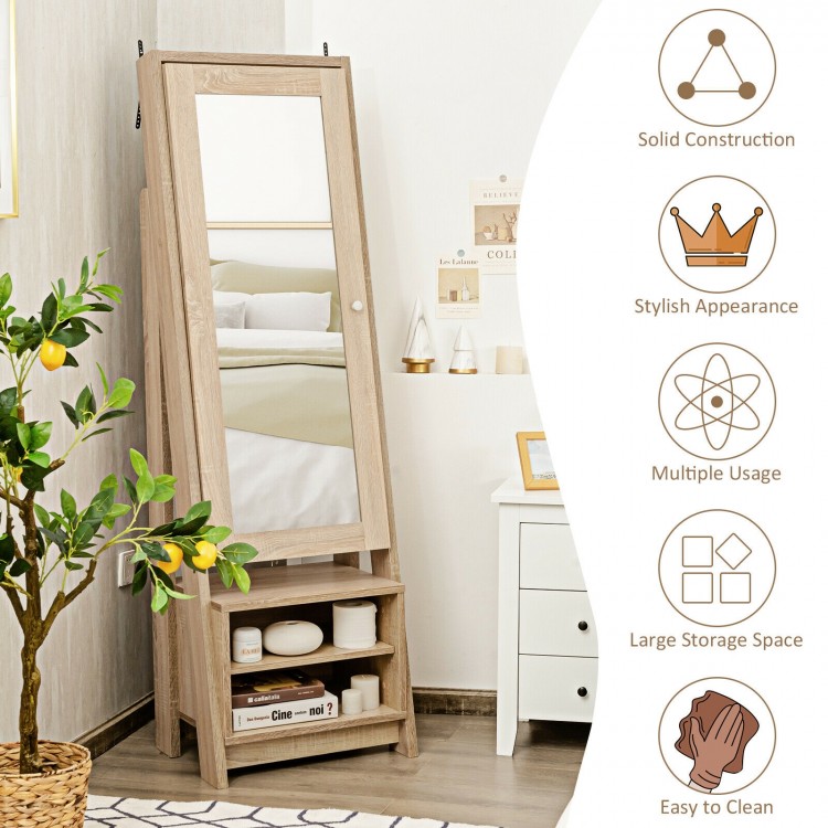 2-in-1 Wooden Cosmetics Storage Cabinet with Full-Length Mirror and Bottom Rack