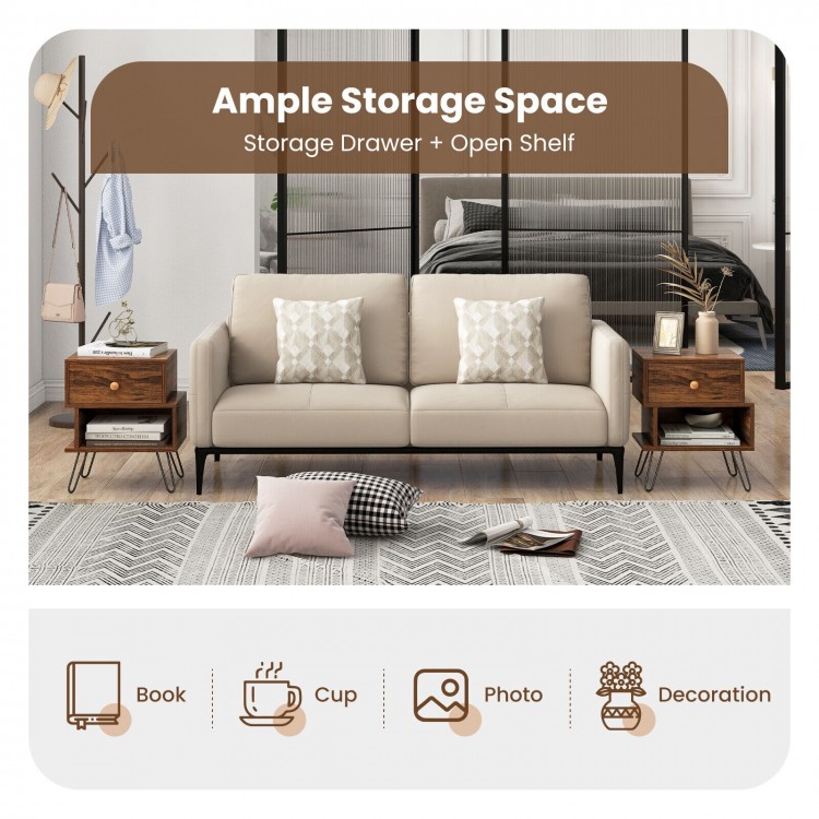 Set of 2 Irregular 2-Tier Wooden Nightstands with Elevated Metal Feet