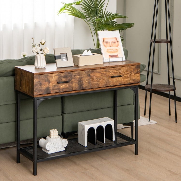 2 Drawers Console Table with Metal Frame for Living Room