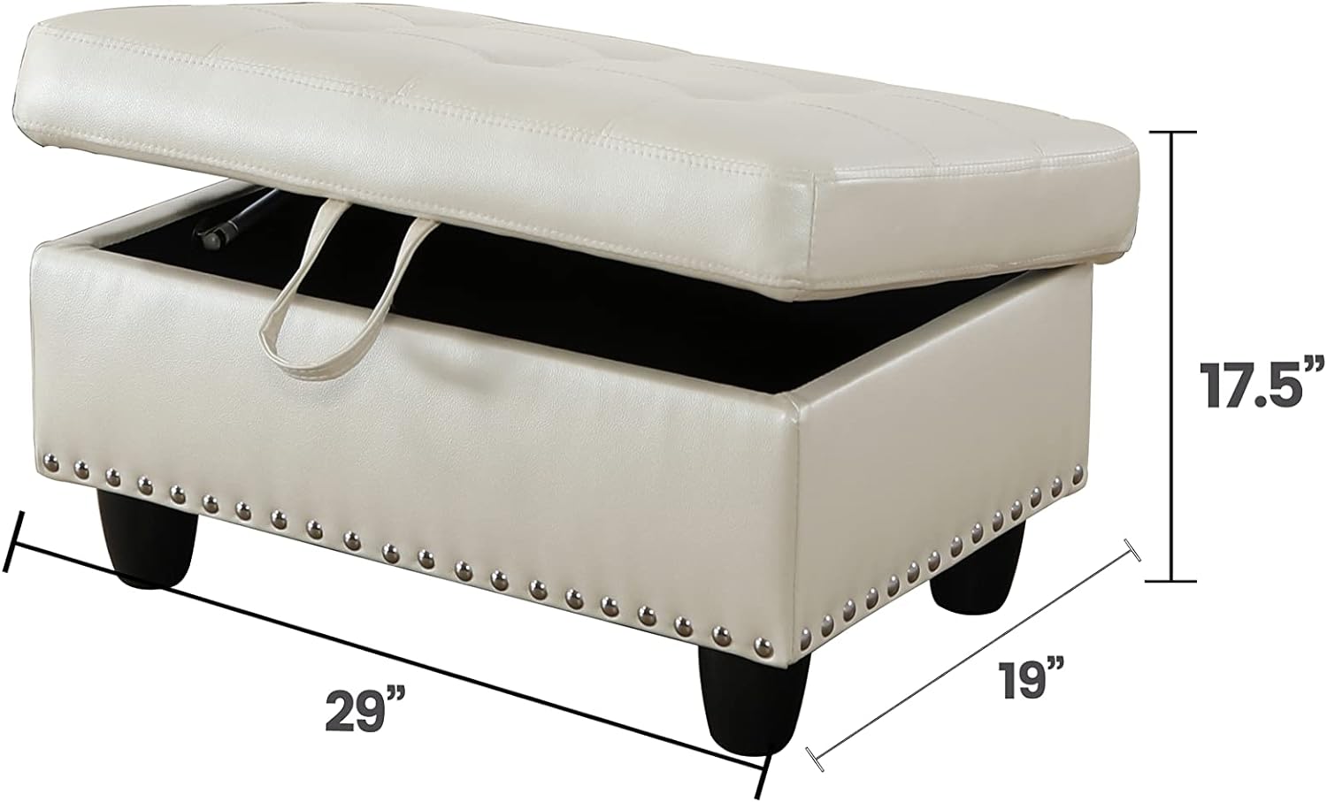 Lifestyle Furniture Ivory White Faux Leather Square Storage Ottoman, Modern Design