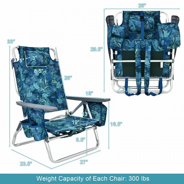 4-Pack 5-Position Outdoor Folding Backpack Beach Reclining Chair with Pillow
