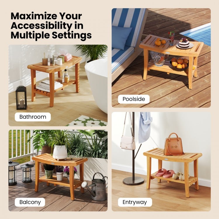 30 Inches Large Teak Shower Stool with Storage Shelf and Non-slip Footpads