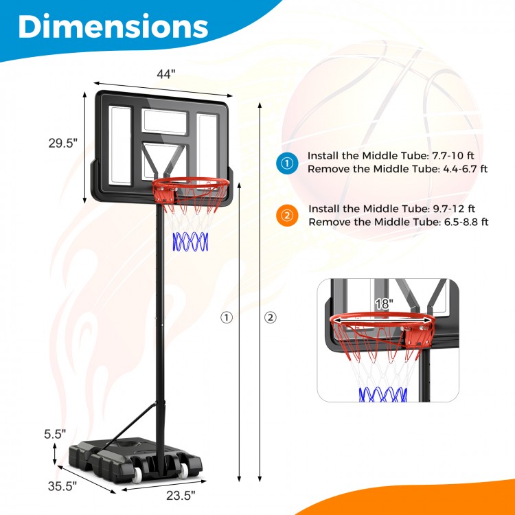 4.4-10 Feet Portable Basketball Hoop Adjustable with 2 Wheels and Fillable Base