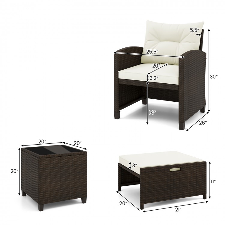 5 Pieces Patio Rattan Furniture with 2 Ottomans and Tempered Glass Coffee Table