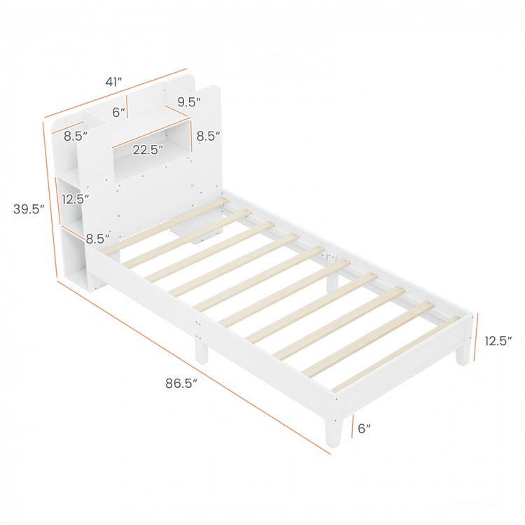 Twin Size Wooden Platform Bed Frame with Bookcase Headboard