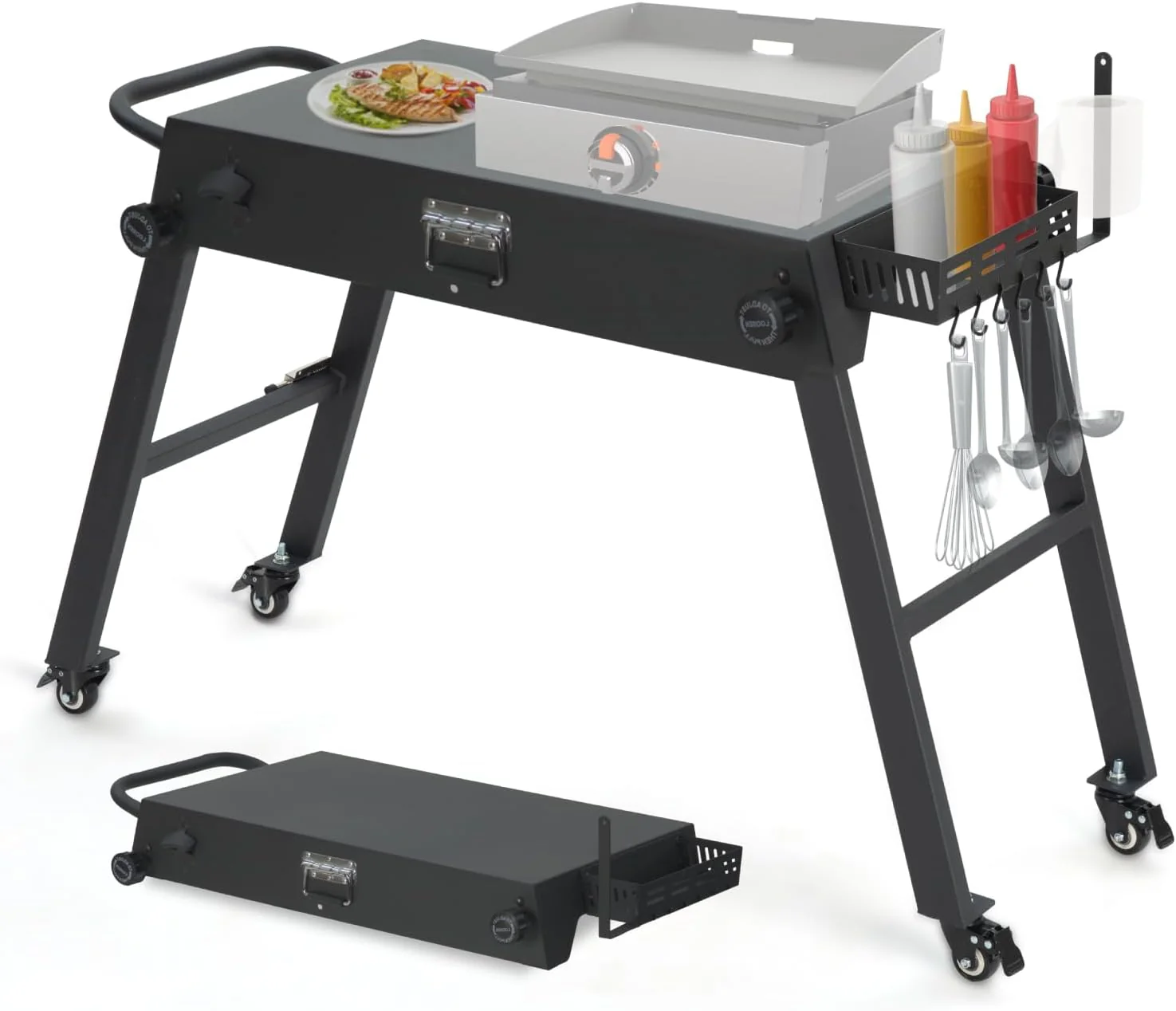 Universal Portable Grill Table for Blackstone & Ninja Grills with Wheels, Spice Rack, Bottle Opener, & Towel Holder – Black, 31′′x18′′ Rust-Proof Steel