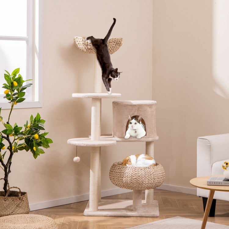59 Inches Cattail Cat Tower with Sisal Scratching Posts and Soft Hammock