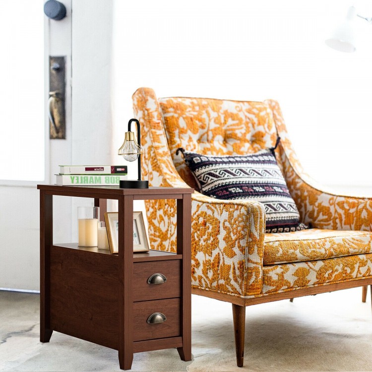 2 Pieces Wooden Bed-side Nightstand Set with 2 Drawers