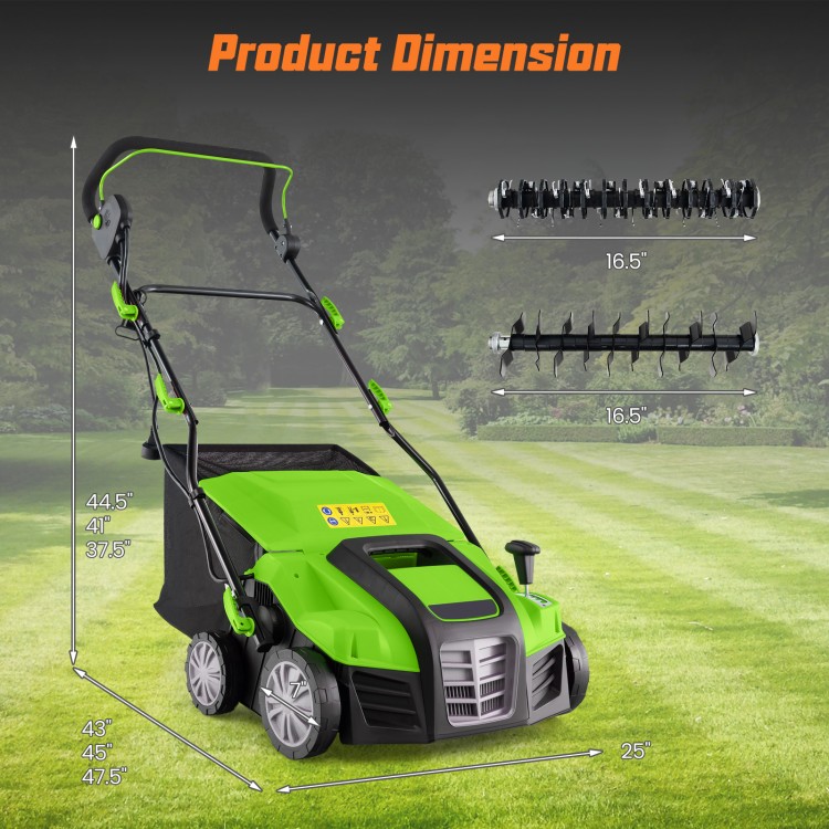 16-Inch Electric Lawn Dethatcher and Scarifier with Collection Bag