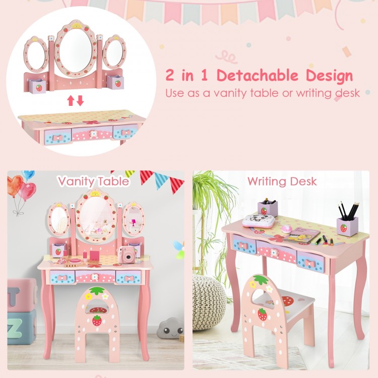 Kids Vanity Princess Makeup Dressing Table Chair Set with Tri-fold Mirror