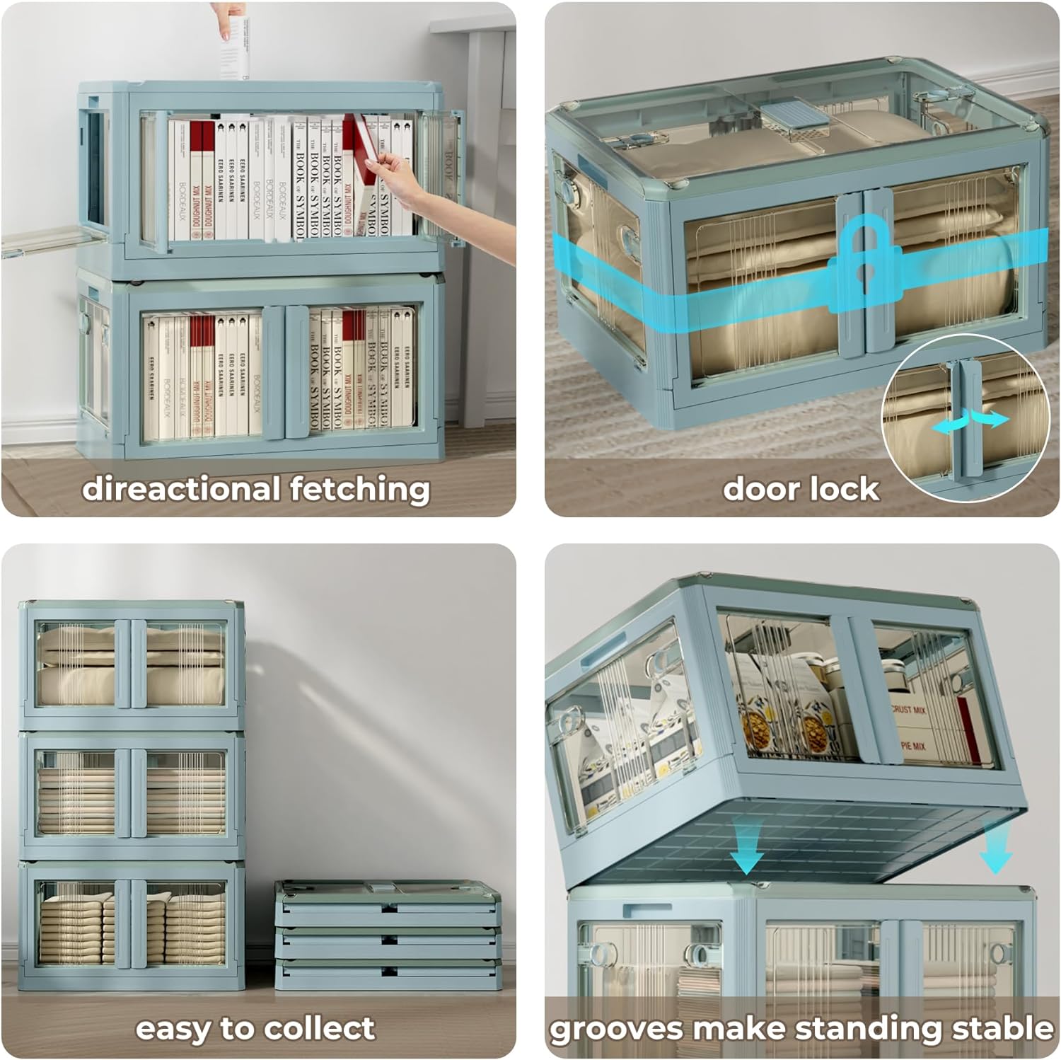 Moorehl 14.5 Gallon Blue Foldable Storage Bins with Lids, Stackable & Collapsible, 6 Pack