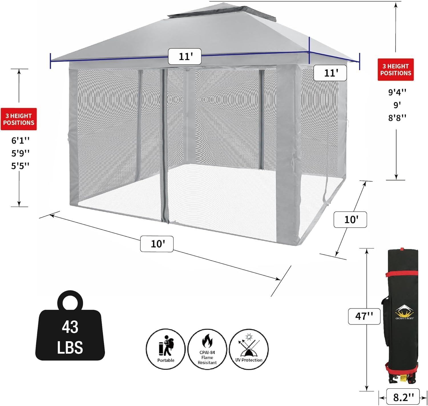 CROWN SHADES 13x13 Pop Up Gazebo, Canopy Tent, Gazebos on Clearance - Outdoor Gazebo for Backyard & Patio Furniture - Carpa Pop Up Tent with Wheeled STO-N-Go Cover Bag (White)
