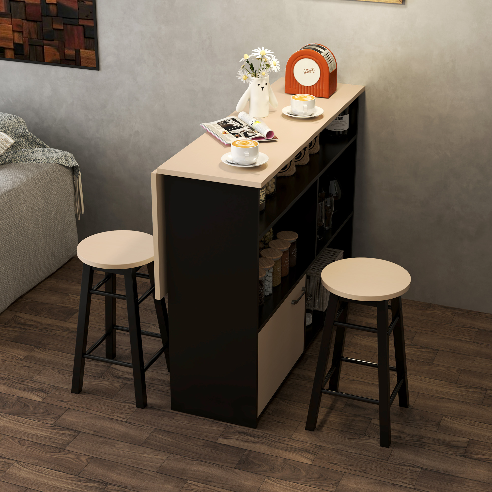 Køkkenø sæt med 2 barstole, sammenklappelig bordplade, opbevaring 116 x 70 x 89,5 cm Sort / Eg