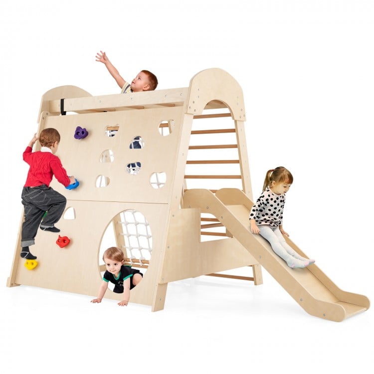 8-in-1 Indoor Jungle Gym Wooden Playground with Swing and Climbing Wall