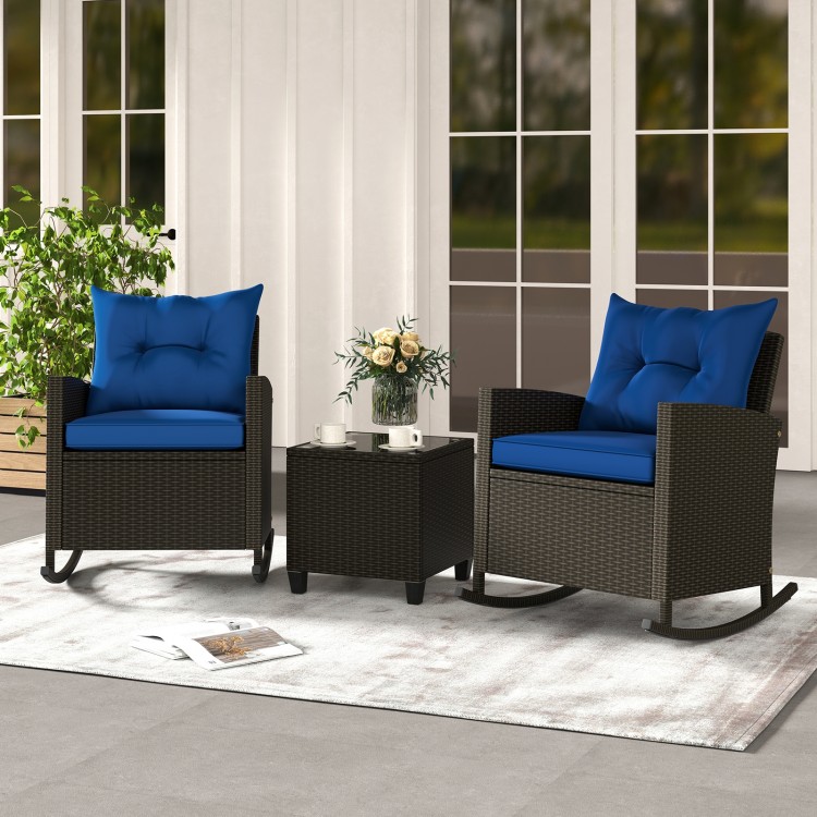 3-Piece Patio Rattan Roker Chairs with Tempered Glass Table and Soft Cushions