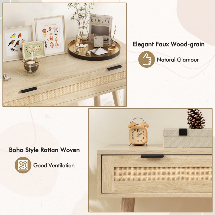 Rattan Console Table with Pull-out Drawer Boho Style Entryway Table