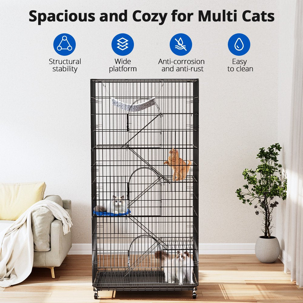SINGES Extra Large 6-Tier Cat Cage Playpen with Bed, Black, Metal Wire, for Cats & Small Pets