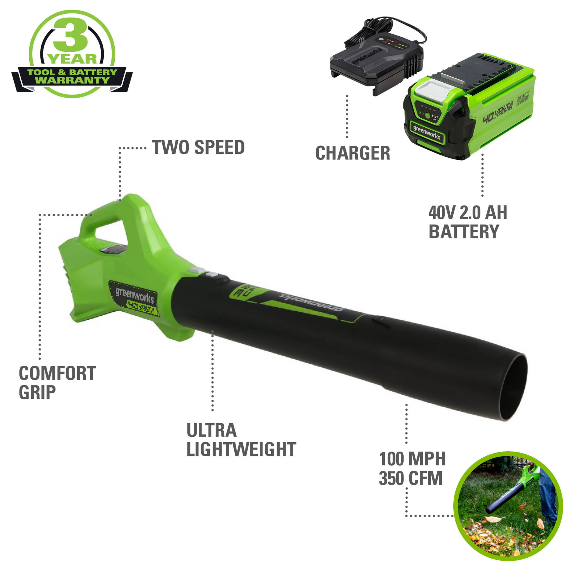 40V 350 CFM Leaf Blower With 2.0 Ah Battery, 2412002