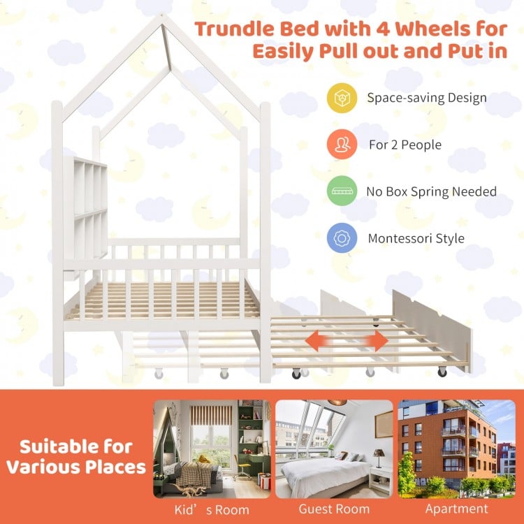 Twin Size Kids Montessori Daybed with Roof and Shelf Compartments