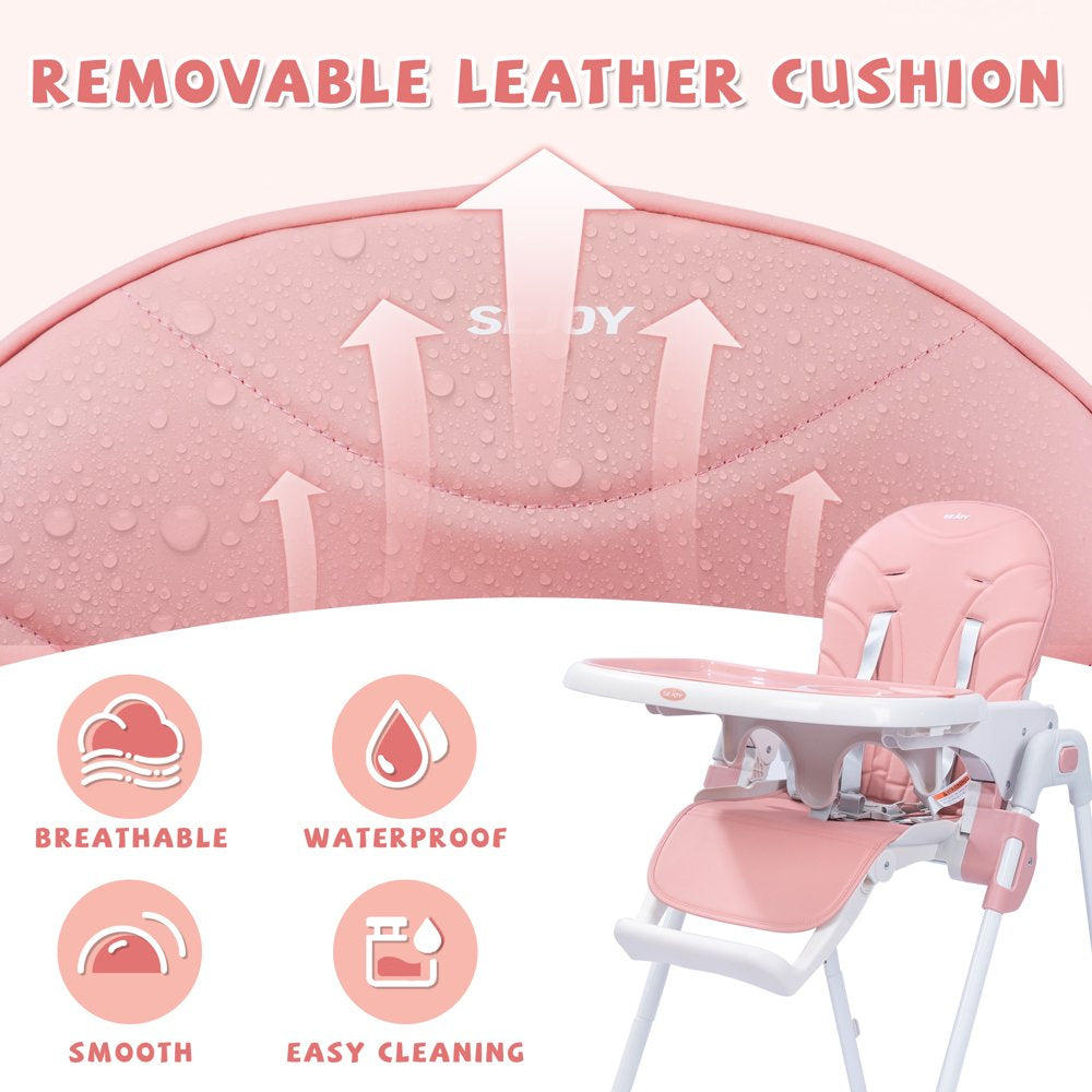 SEJOY Foldable Adjustable 3-in-1 Baby Highchair, Pink, with 6 Height Levels & BPA-Free Tray
