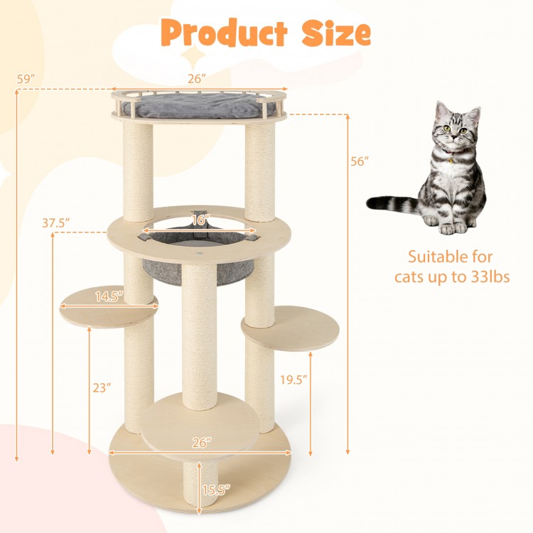 5-level Wooden Cat Tree with Padded Perch Non-woven Hammock