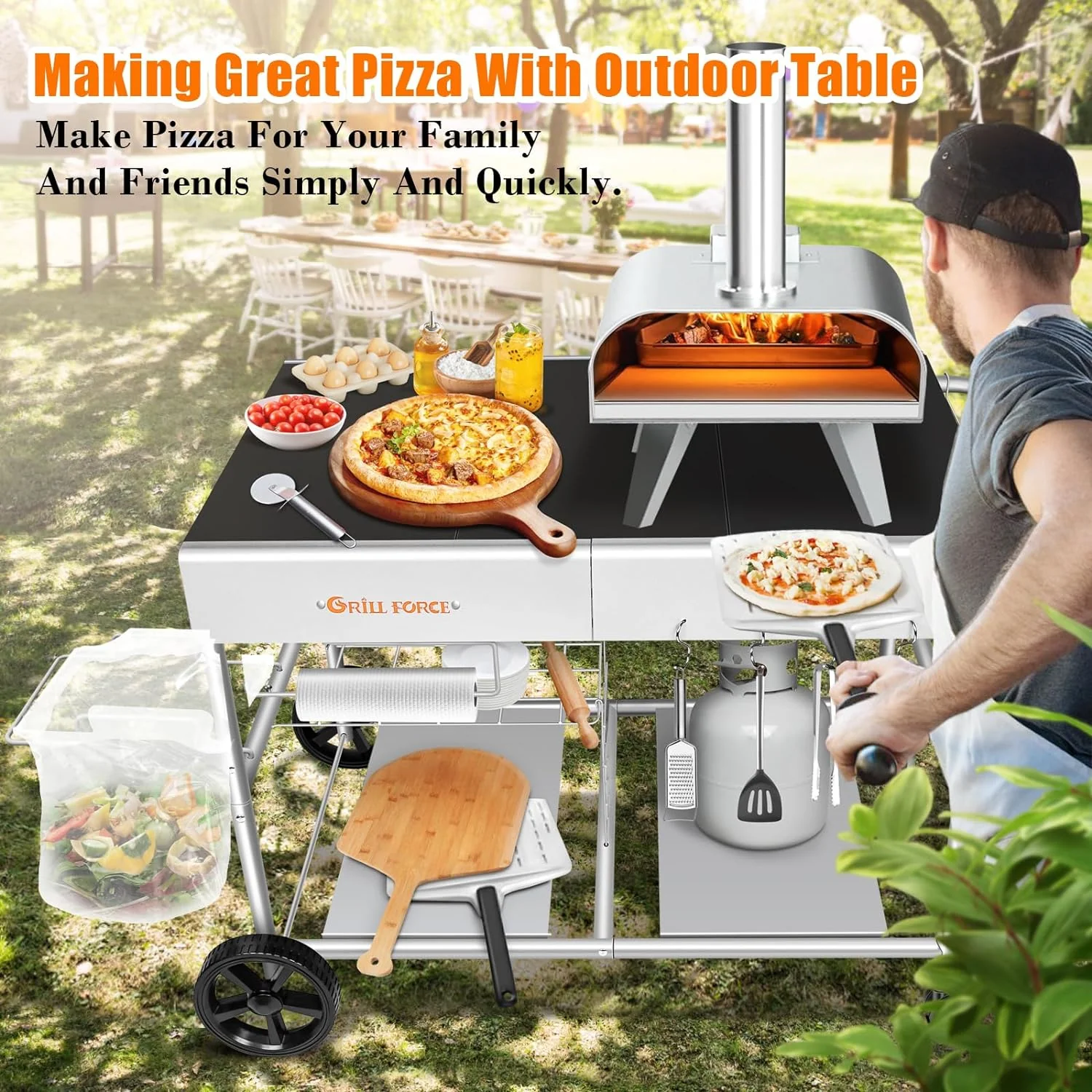 GRILL FORCE Outdoor Pizza Oven Table Stand – Fits Ooni, Ninja, Blackstone Grills, 3-Shelf, Mobile with Lockable Wheels