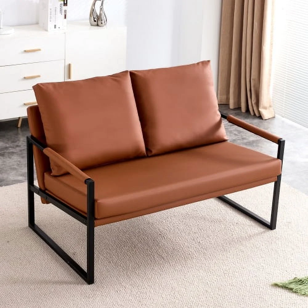GVJMTKP Modern Brown PU Leather Two-Seater Sofa Chair with Pillows & Metal Frame
