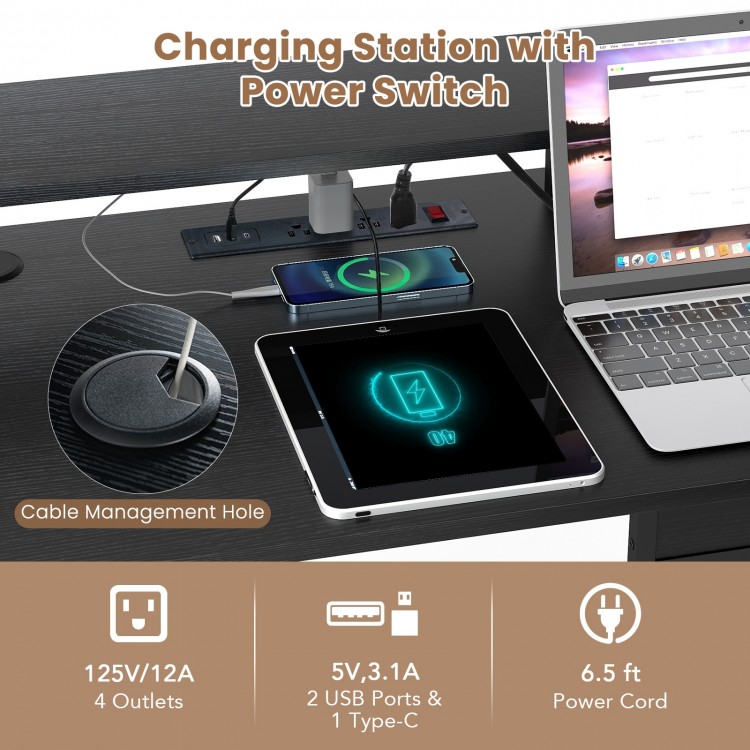 L-Shaped Gaming Desk with LED Lights and Power Outlets Home Office Computer Desk