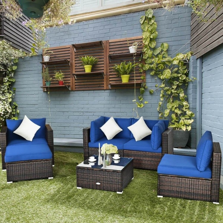 6 Pieces Patio Rattan Furniture Set with Cushion
