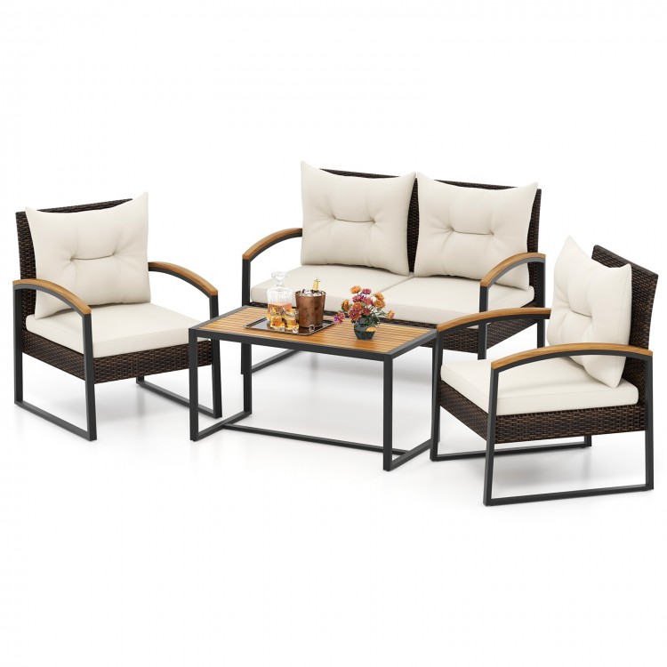 4 Pieces Patio Conversation Set with Acacia Wood Armrests and Tabletop and Cushions