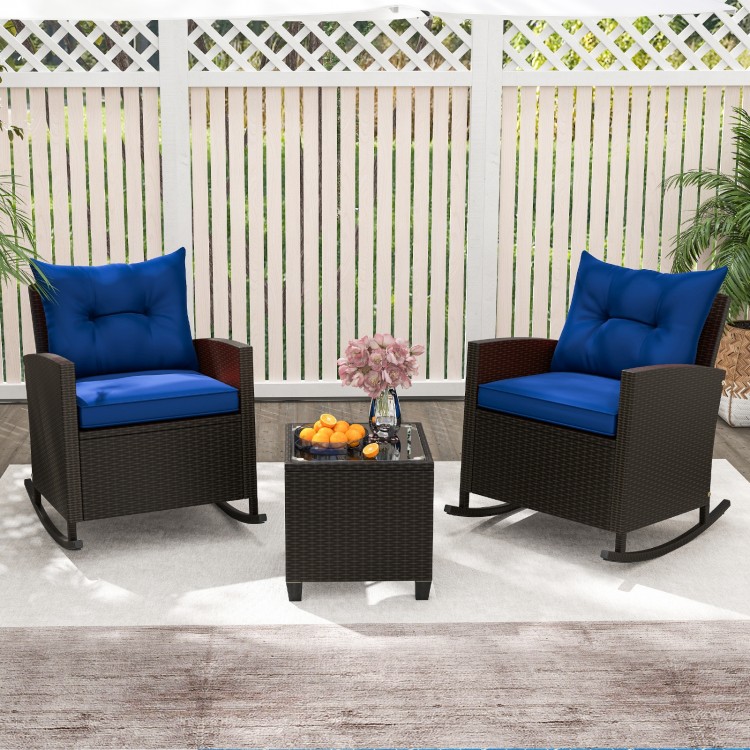 3-Piece Patio Rattan Roker Chairs with Tempered Glass Table and Soft Cushions