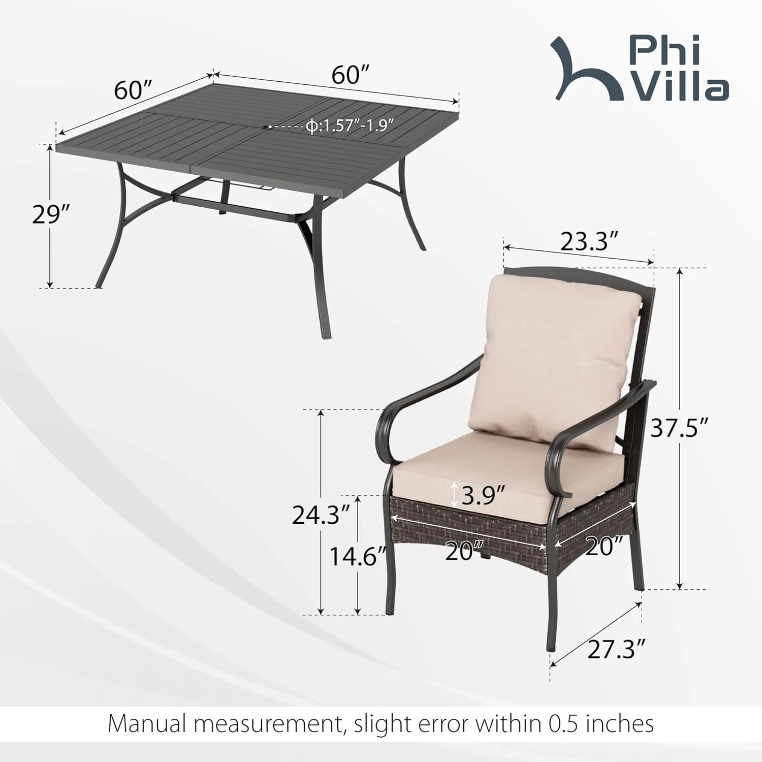 PHI VILLA 6-Piece Outdoor Dining Sets, All-Weather Patio Table and Chairs Set with Umbrella for 4, Heavy Duty Patio Round Table Set for Deck, 4 Extra Large Outdoor Swivel Chairs with Thick Cushions